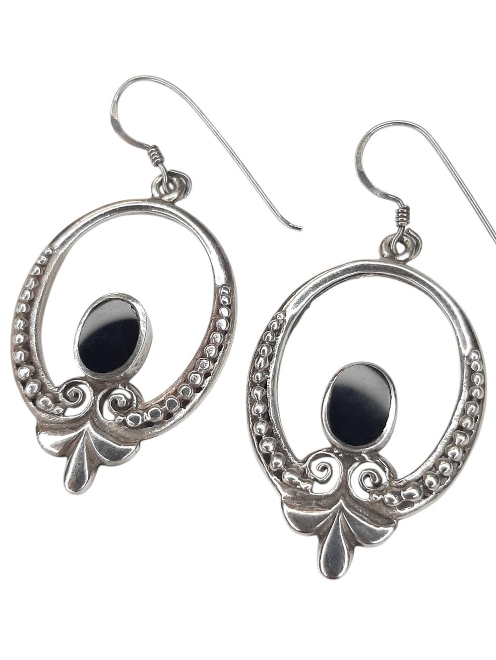 Vintage CW 925 Sterling Silver Earrings With Black Onyx Dangle Stamped